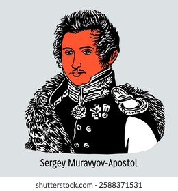 Sergey Muravyov-Apostol — Russian serviceman, lieutenant colonel, one of the leaders of the Decembrist movement. Hand-drawn vector illustration