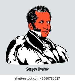 Sergey Uvarov is a Russian classical scholar and statesman, Minister of Public Education, Senator. Creator of the ideology of official nationality. Hand-drawn vector illustration