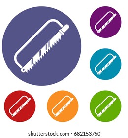 Sergical saw icons set in flat circle red, blue and green color for web