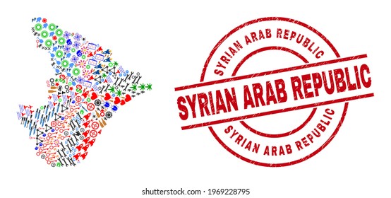 Sergipe State map mosaic and distress Syrian Arab Republic red circle stamp print. Syrian Arab Republic stamp uses vector lines and arcs. Sergipe State map mosaic includes helmets, houses,