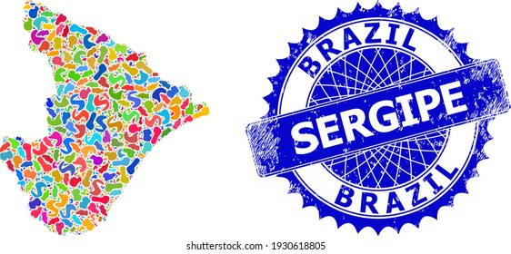 Sergipe State map template. Blot pattern and scratched seal for Sergipe State map. Sharp rosette blue stamp seal with tag for Sergipe State map.