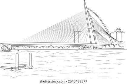 Seri Wawasan Bridge Line Drawing, desenho de linha preto e branco ilustrando a moderna Ponte Seri Wawasan em Putrajaya, Malásia. A icônica ponte estaiada por cabos se estende sobre a água, com um