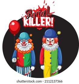 Serial Killer badge with two creepy clowns illustration