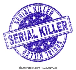 SERIAL KILLER stamp seal imprint with grunge texture. Designed with rounded rectangles and circles. Blue vector rubber print of SERIAL KILLER caption with unclean texture.