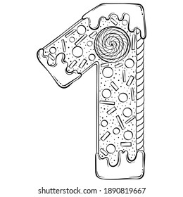 Serial number 1. Gingerbread Cookies in the form of number one. Cartoon vector font in hand drawn line art style isolated on white background. Lettering logo template. Coloring book design.