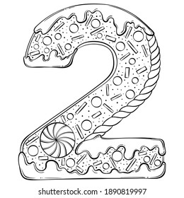 Serial number 2. Gingerbread Cookies in the form of number two. Cartoon vector font in hand drawn line art style isolated on white background. Lettering logo template. Coloring book design.