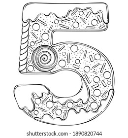 Serial number 5. Gingerbread Cookies in the form of number five. Cartoon vector font in hand drawn line art style isolated on white background. Lettering logo template. Coloring book design.