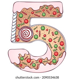 Serial number 5. Gingerbread Cookies in the form of number five. Cartoon color vector font in hand drawn line art style isolated on white background. Lettering logo template. Christmas concept design