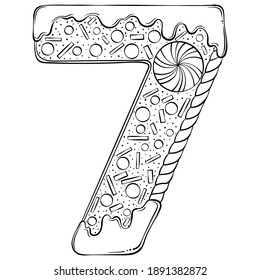 Serial number 7. Gingerbread Cookies in the form of number seven. Cartoon vector font in hand drawn line art style isolated on white background. Lettering logo template. Coloring book design.