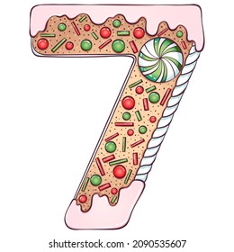 Serial number 7. Gingerbread Cookies in the form of number seven. Cartoon color vector font in hand drawn line art style isolated on white background. Lettering logo template. Christmas concept design