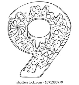 Serial number 9. Gingerbread Cookies in the form of number nine. Cartoon vector font in hand drawn line art style isolated on white background. Lettering logo template. Coloring book design.