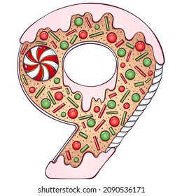 Serial number 9. Gingerbread Cookies in the form of number nine. Cartoon color vector font in hand drawn line art style isolated on white background. Lettering logo template. Christmas concept design
