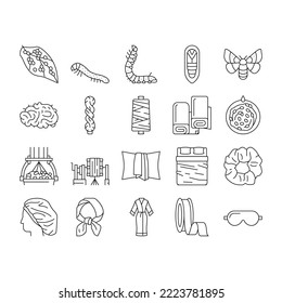 Sericulture Production Business Icons Set Vector. Hatchlings And Larvae Silkworm, Silk Neck Scarf And Ribbon, Pillowcase And Bed Fabric Sheets Line. Thread Wheel And Fiber Black Contour Illustrations