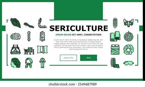 Sericulture Production Business Landing Web Page Header Banner Template Vector. Hatchlings And Larvae Silkworm, Silk Neck Scarf And Ribbon, Pillowcase And Bed Fabric Sheets . Thread Wheel Illustration