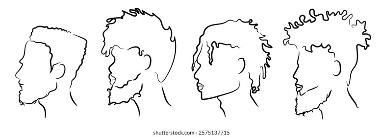 Serie 2 Line Drawing of African American Men. Abstract Vector Illustration Art of Male Afro American Faces with Type C Hair and Beard, Outline for Logo.