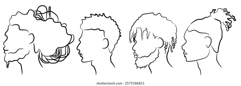 Serie 3 Line Drawing of African American Men. Abstract Vector Illustration Art of Male Afro American Faces with Type C Hair and Beard, Outline for Logo.