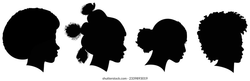 Serie 3 of silhouettes of African American women profile with hair style contour on white background. Vector illustration