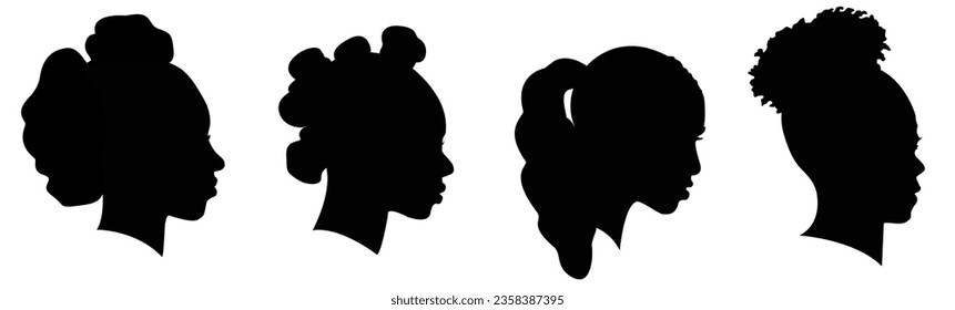 Serie 6 of silhouettes of African American women profile with hair style contour on white background. Vector illustration