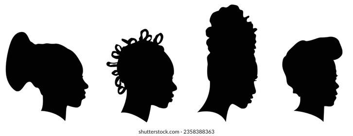 Serie 8 of silhouettes of African American women profile with hair style contour on white background. Vector illustration