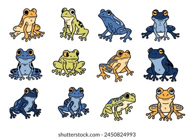A series of 12 different colored frogs are shown in various poses. The frogs are all different sizes and colors, with some being more vibrant than others. Concept of diversity and individuality