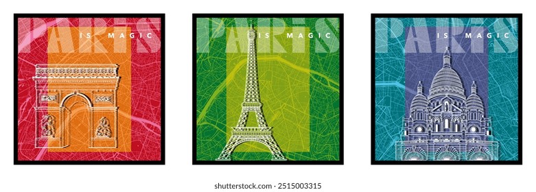 Série de 3 cartazes gráficos sobre o tema dos monumentos de Paris na França com um Arco do Triunfo, um Sacré Coeur e uma Torre Eiffel sobrepostos sobre um fundo colorido de um mapa da cidade.