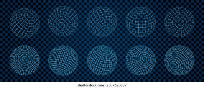 A series of 3D wireframe mesh spheres displayed on a checkered grid background. The abstract geometric globe shapes in a retro Y2K aesthetic, blending futuristic and digital design elements.