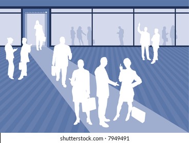 A series of 4 vector scenes with business professionals interacting in an office type environment