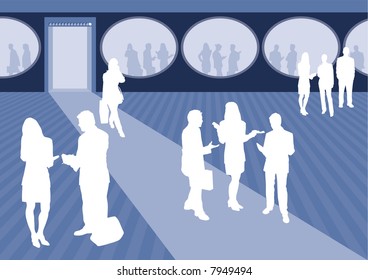 A series of 4 vector scenes with business professionals interacting in an office type environment