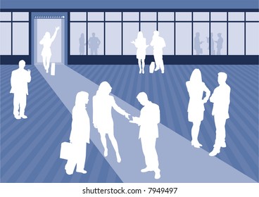 A series of 4 vector scenes with business professionals interacting in an office type environment