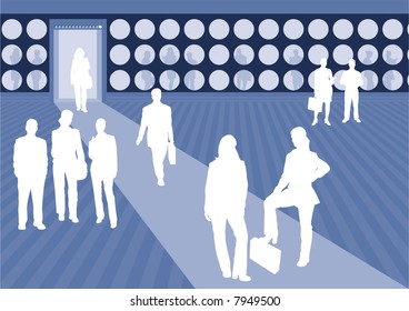A series of 4 vector scenes with business professionals interacting in an office type environment