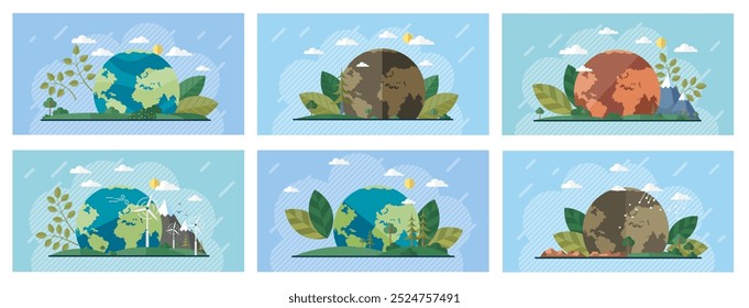 Series of 6 designs showing Earth in healthy vibrant green and degraded polluted states. Each scene includes plants clouds and sun. Ideal for environmental awareness climate change sustainability
