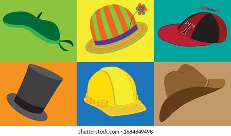 A series of 6 hats depicting various types of personalities.