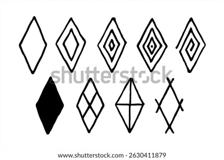 Series of 9 flat handdrawn diamond shaped icons in pen and ink. Spiral, cross, construction lines and outlines. Vector file of basic geometric shapes.