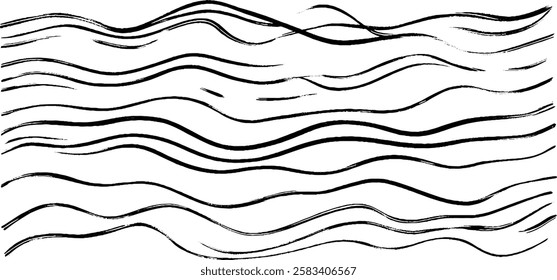 A series of abstract black brush strokes creating wavy lines on a white background, resembling water or flowing movement.