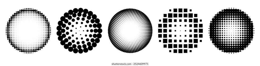 A series of abstract black and white dot patterns in varying formations and densities