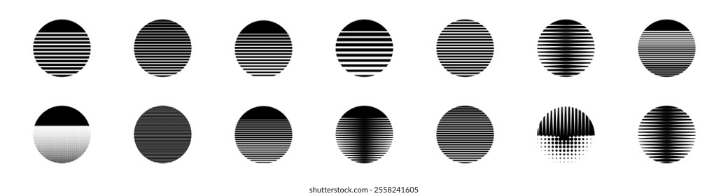 A series of abstract black and white ovals featuring varying horizontal line patterns.