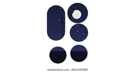 A series of abstract character faces rendered in deep blue tones with a minimalist geometric structure. This illustration emphasizes simplicity and clean lines creating an enigmatic and sophisticated