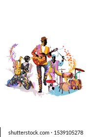 Series of abstract colorful musicians decorated with splashes and paint waves. Hand drawn vector illustration.