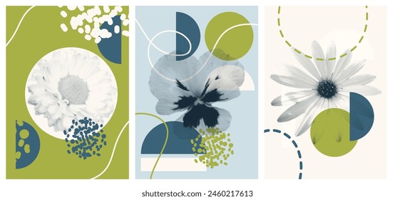 Series of abstract floral designs posters with geometric shapes and floral halfrone elements. Vector abstract posters.