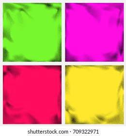 Series of abstract halftone retro graphic effect frame backgrounds. Bright color cards with black dot pattern overlay. Easy create vintage grain graphic effect. Vector illustration