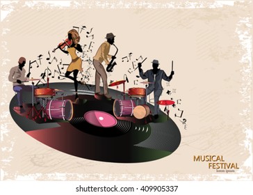 Series of abstract musical backgrounds with musicians and a phonograph record.