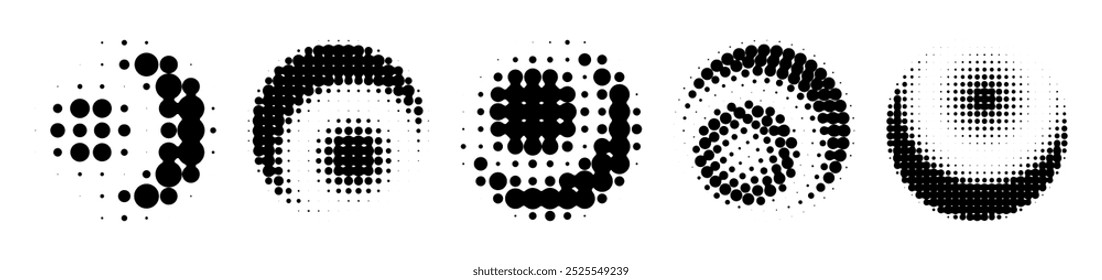series of abstract radial dotted shapes in black and white