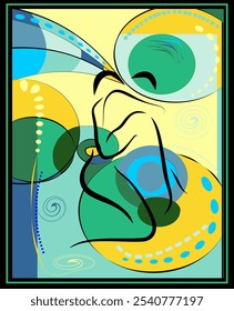 A series of abstract shapes and lines in shades of green, blue, and yellow form a dynamic and energetic composition.