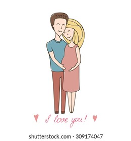 Series abstract vector illustration with the inscription 'I love you!'. Cartoon style drawn in pencil, pen. Young expectant parents in anticipation of the birth of a baby looking at mom's tummy.