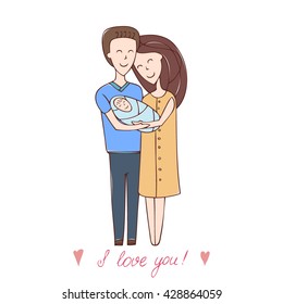 Series abstract vector illustration "of the life of a pair of lovers" with inscription 'I love you!'. Cartoon style drawn in pencil, pen. Mom and Dad with a baby. Joy of the birth of the baby. Newborn