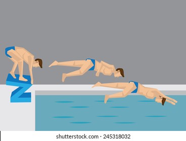 Series of action positions taken by a male swimmer jumping into water in swimming pool. Vector illustration in cartoon style.