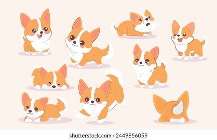 Serie de adorables personajes de Vector de perro Corgi en varias posturas