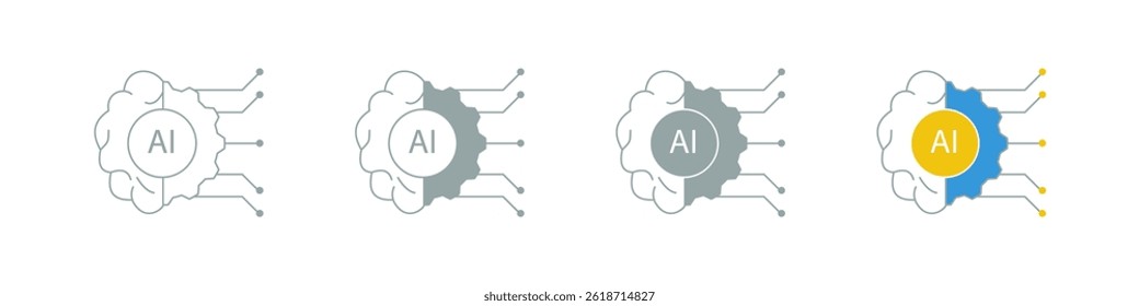 Series of AI icons depicting a brain integrated with digital circuits, symbolizing artificial intelligence, machine learning, and modern technology.
