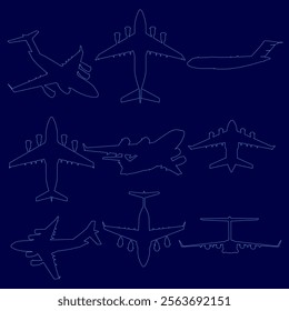 Series of airplane drawings are shown in blue. The drawings are stylized and abstract, with each airplane having a unique design. Scene is one of creativity and imagination