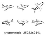 A series of airplane drawings are shown in a row. The first airplane is a small jet with a pointed nose and a large wing